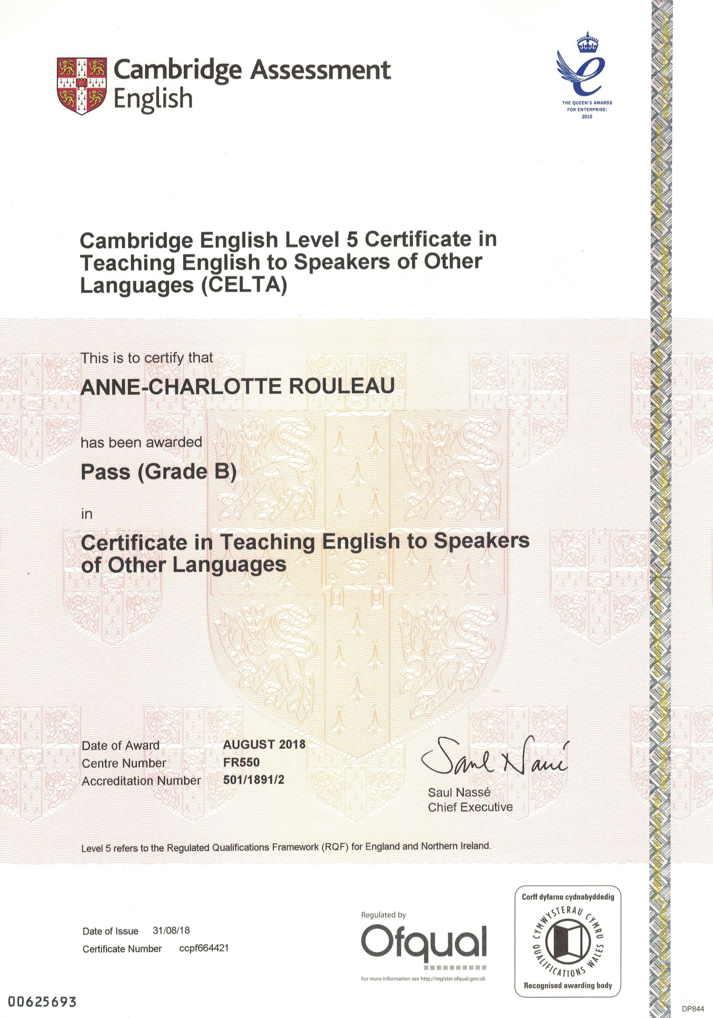 TITULAIRE DU CAMBRIDGE CELTA (Certificate in English Language Teaching ...